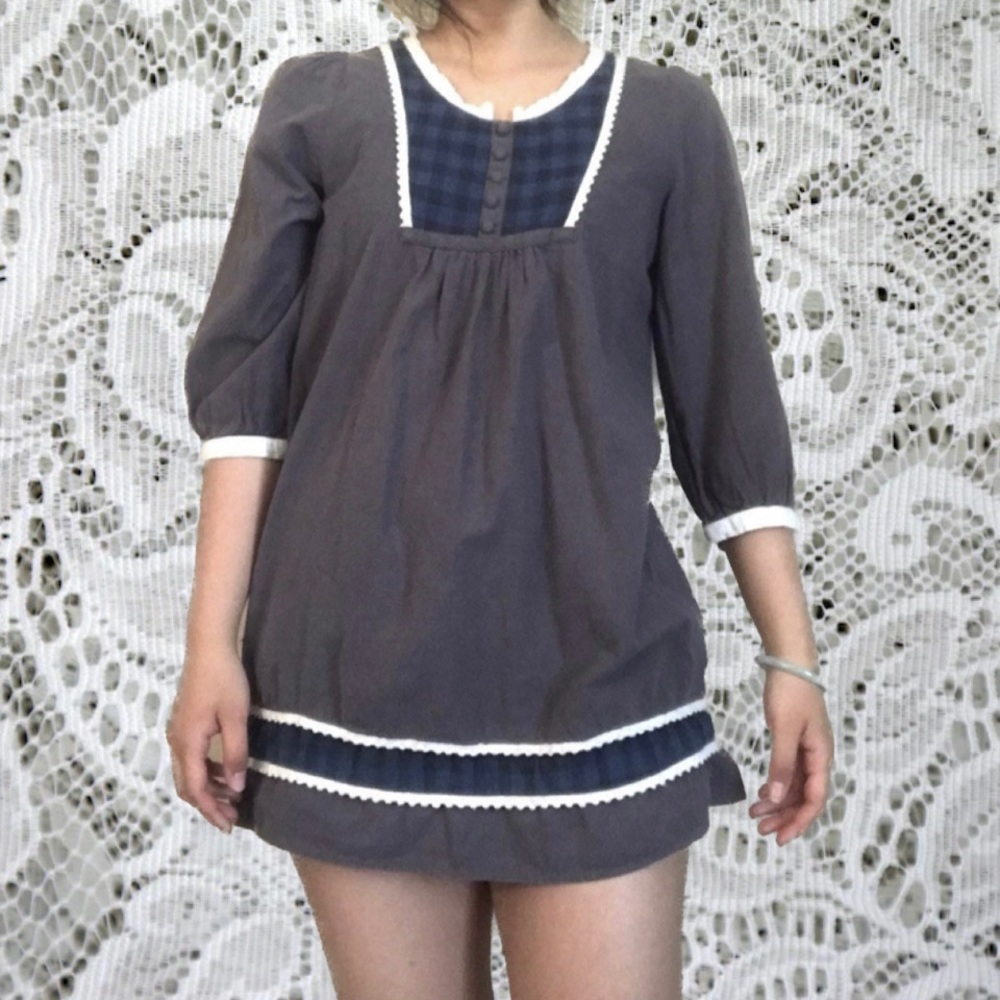 Gray Blue Oversized Cottage Lace Flowy Plaid Peasant Shirt Dress
